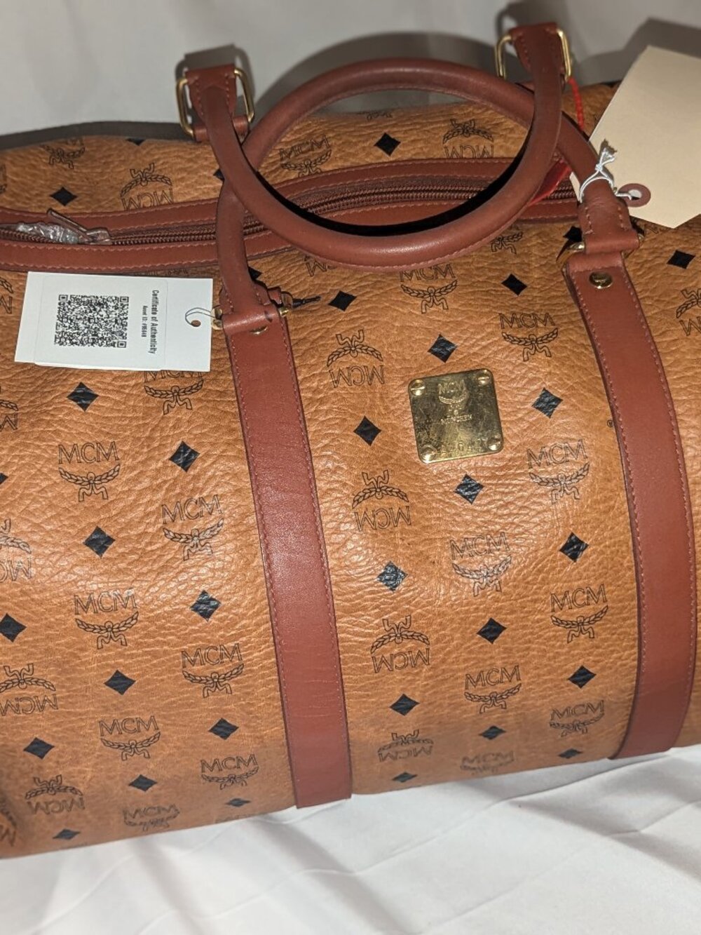 MCM Cognac Visetos Coated Canvas Travel Duffel Bag
